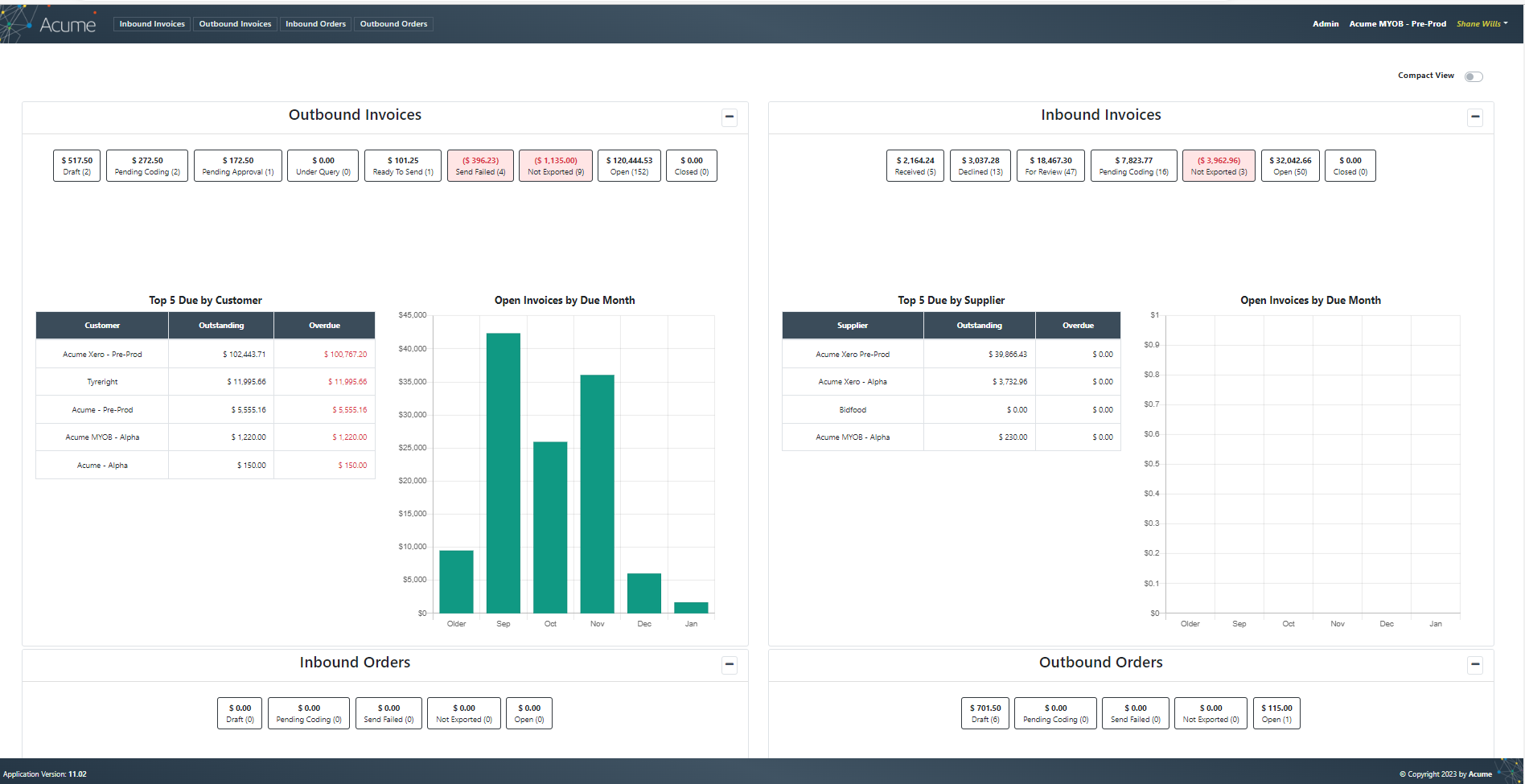 screenshot of Acume eInvoicing